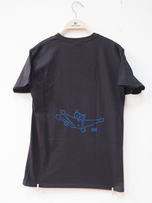 Black t-shirt with blue graphic design of a cat licking itself on a white background