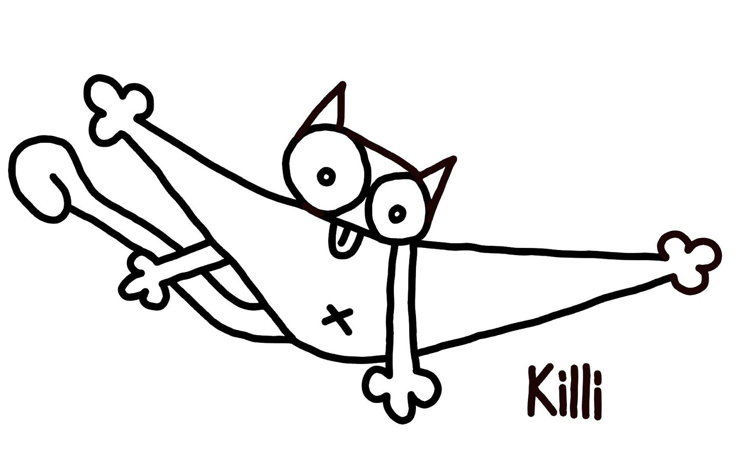 Black and white line drawing of a cartoon cat character licking itself on a white background