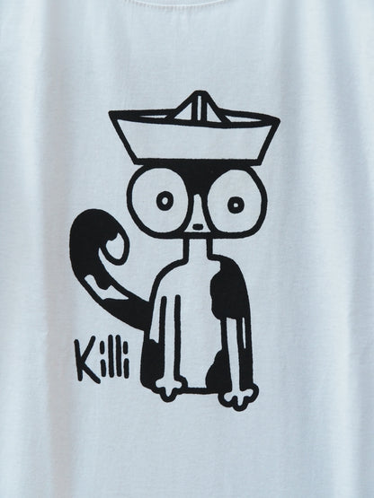 Black outlines of a cat wearing a paper hat on a white background