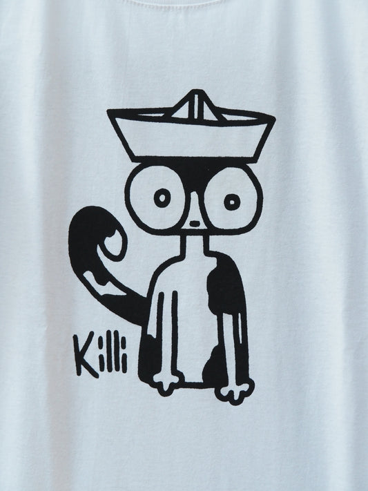 Black outlines of a cat wearing a paper hat on a white background