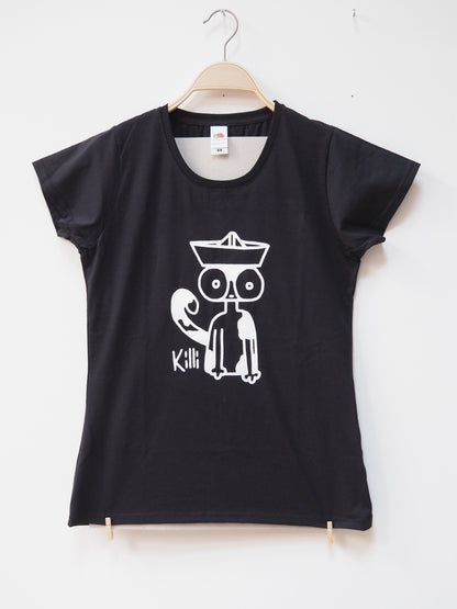 Black t-shirt with a white graphic design of a cat wearing a paper hat on a hanger against a white background