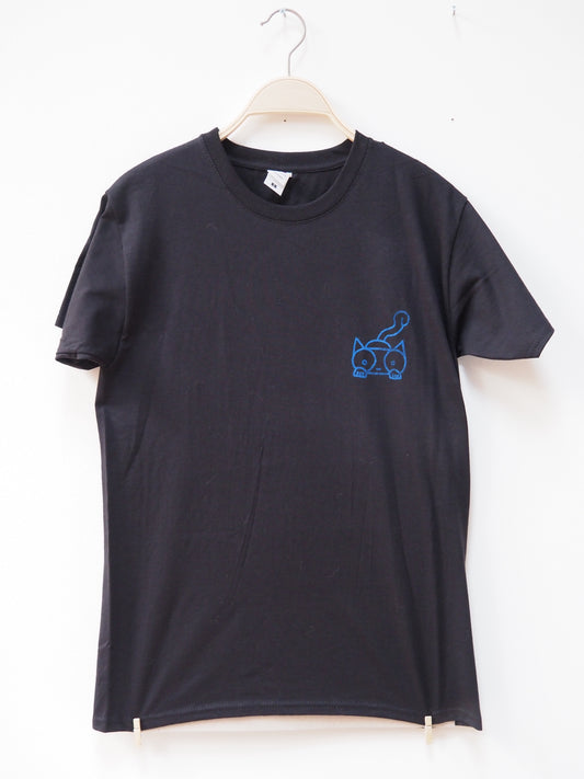 Black t-shirt with a blue logo of a kitten on a white background