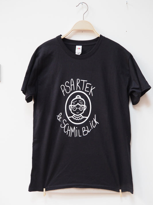 Black t-shirt with white graphic design of a grandma on a white background