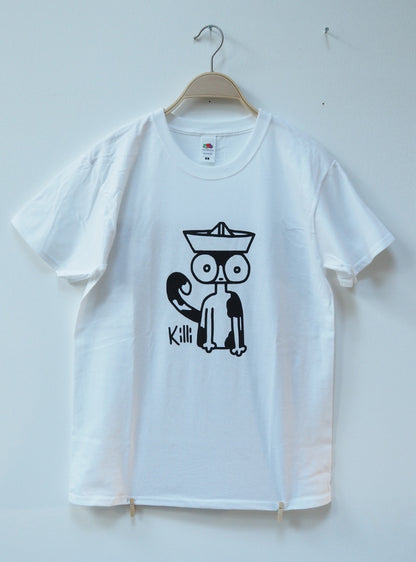 White t-shirt with a black graphic design of a cat wearing a paper hat on a white background.
