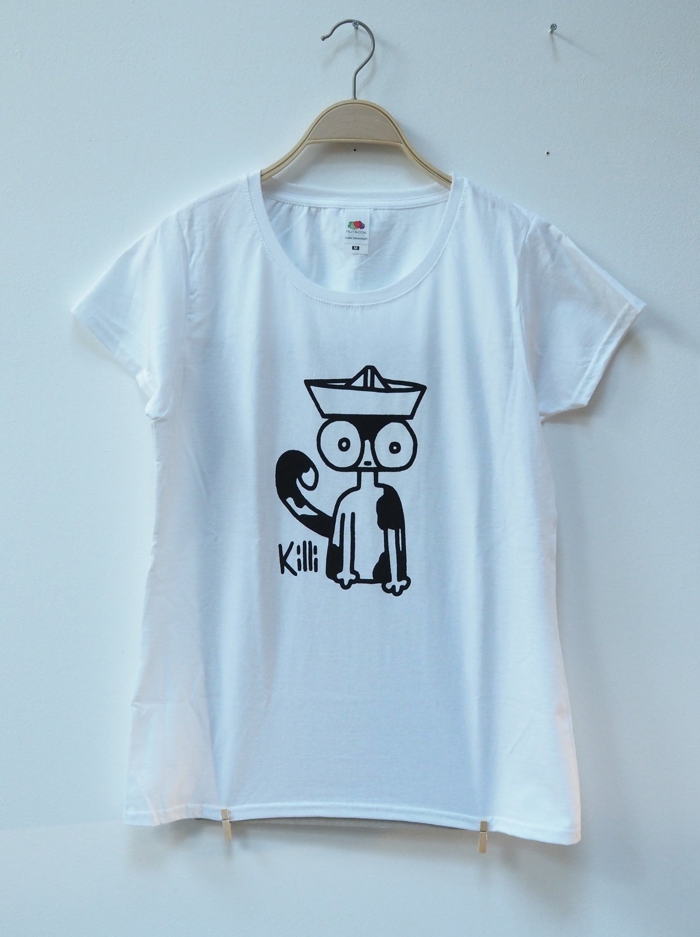 White t-shirt with a black cat graphic on a white background