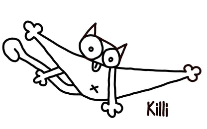 Black and white line drawing of a cartoon cat character licking itself on a white background